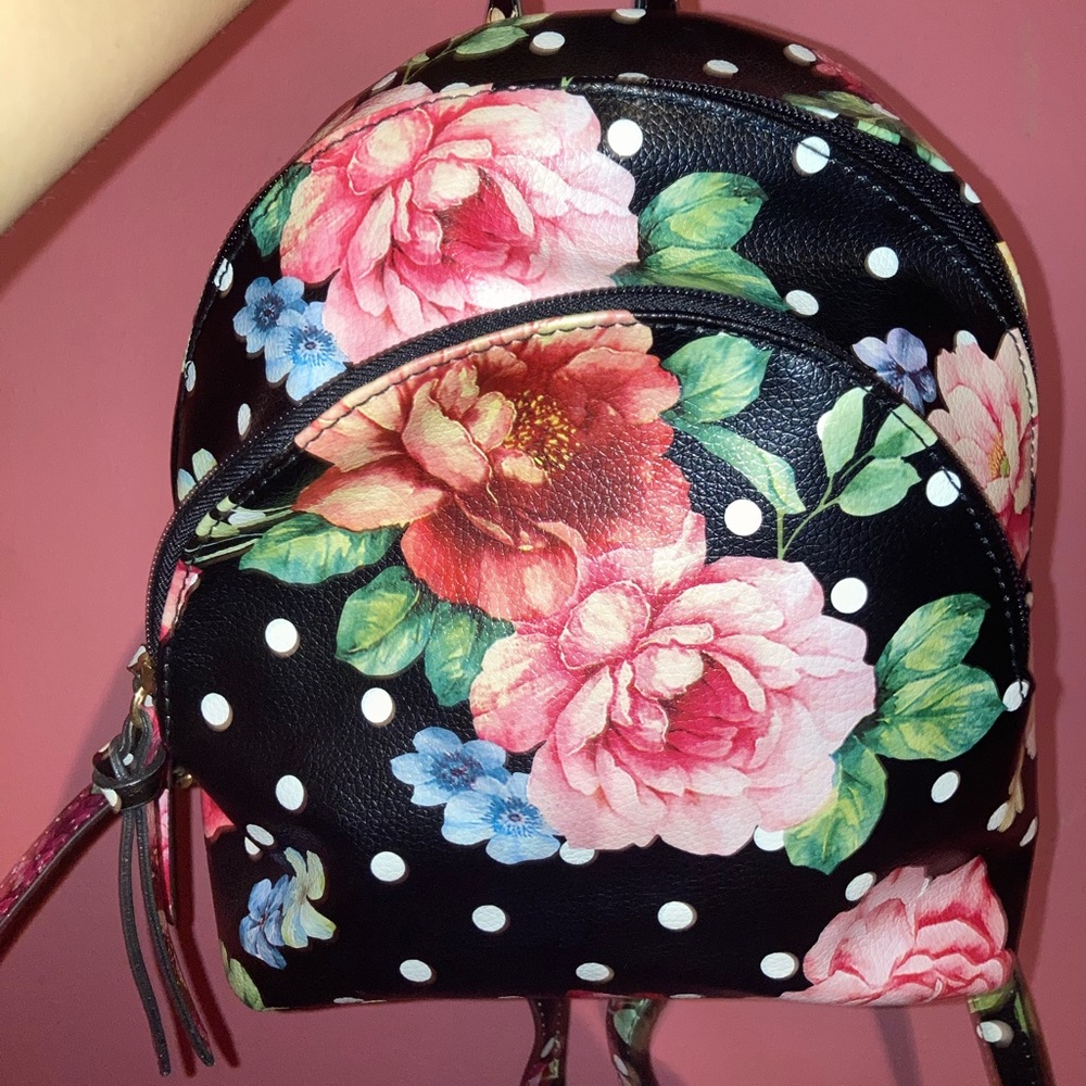 Backpack (black leather/white polka dots/flowers)